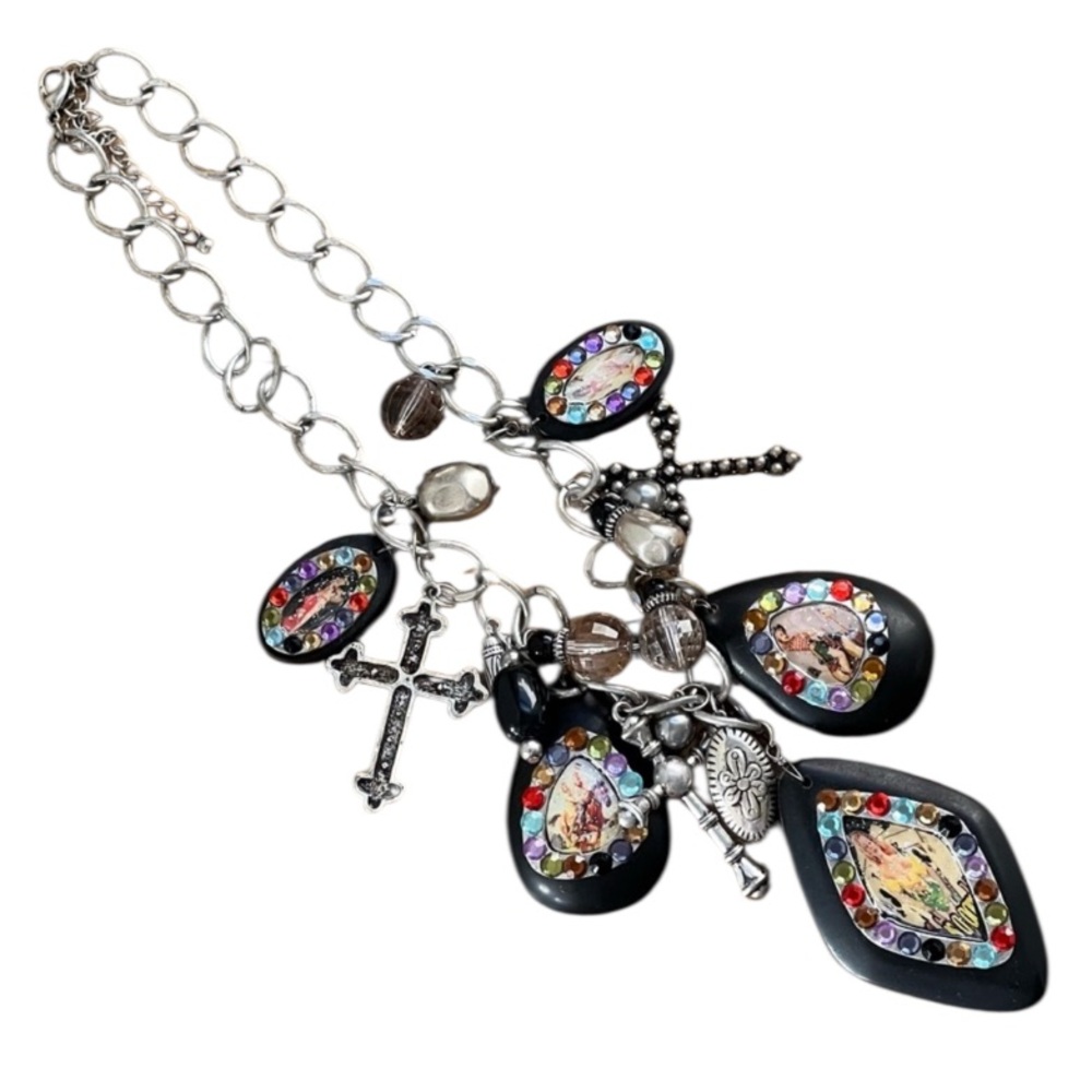 Charm Necklace Chunky Vintage Y2K Silver Chain with Crosses Rhinestone Trim